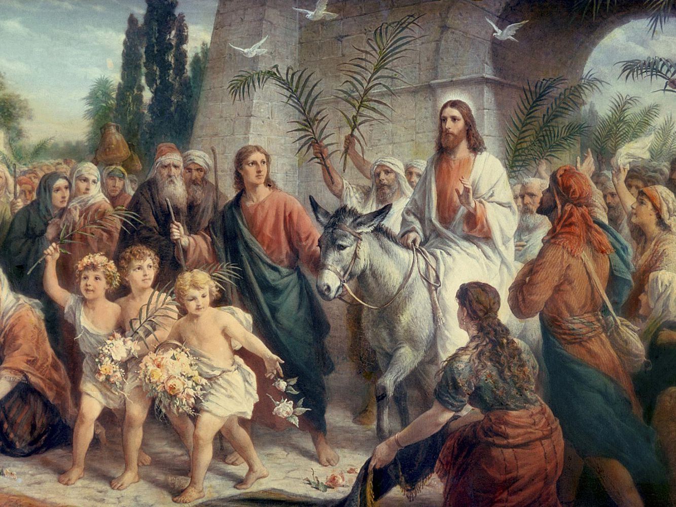 上图:耶稣基督骑驴进入耶路撒冷的艺术想象图.