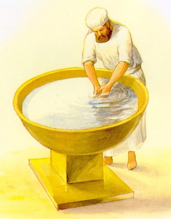 上图：铜做的洗濯盆和盆座示意图。圣经并没有指出其尺寸。