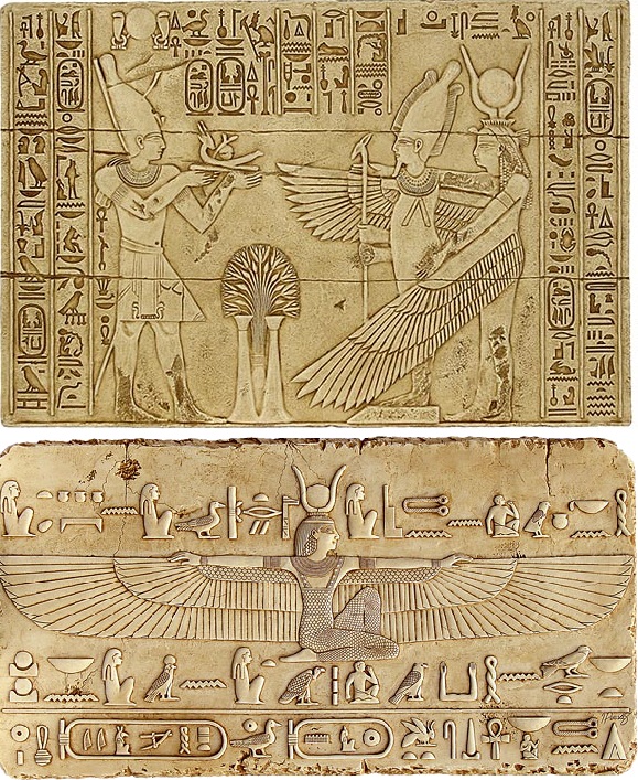 上图：主前14世纪古埃及壁画中的伊西斯女神（Isis）张开翅膀保护奥西里斯神（Osiris）。许多古代中东文化都用翅膀来比喻保护，尤其是古埃及。