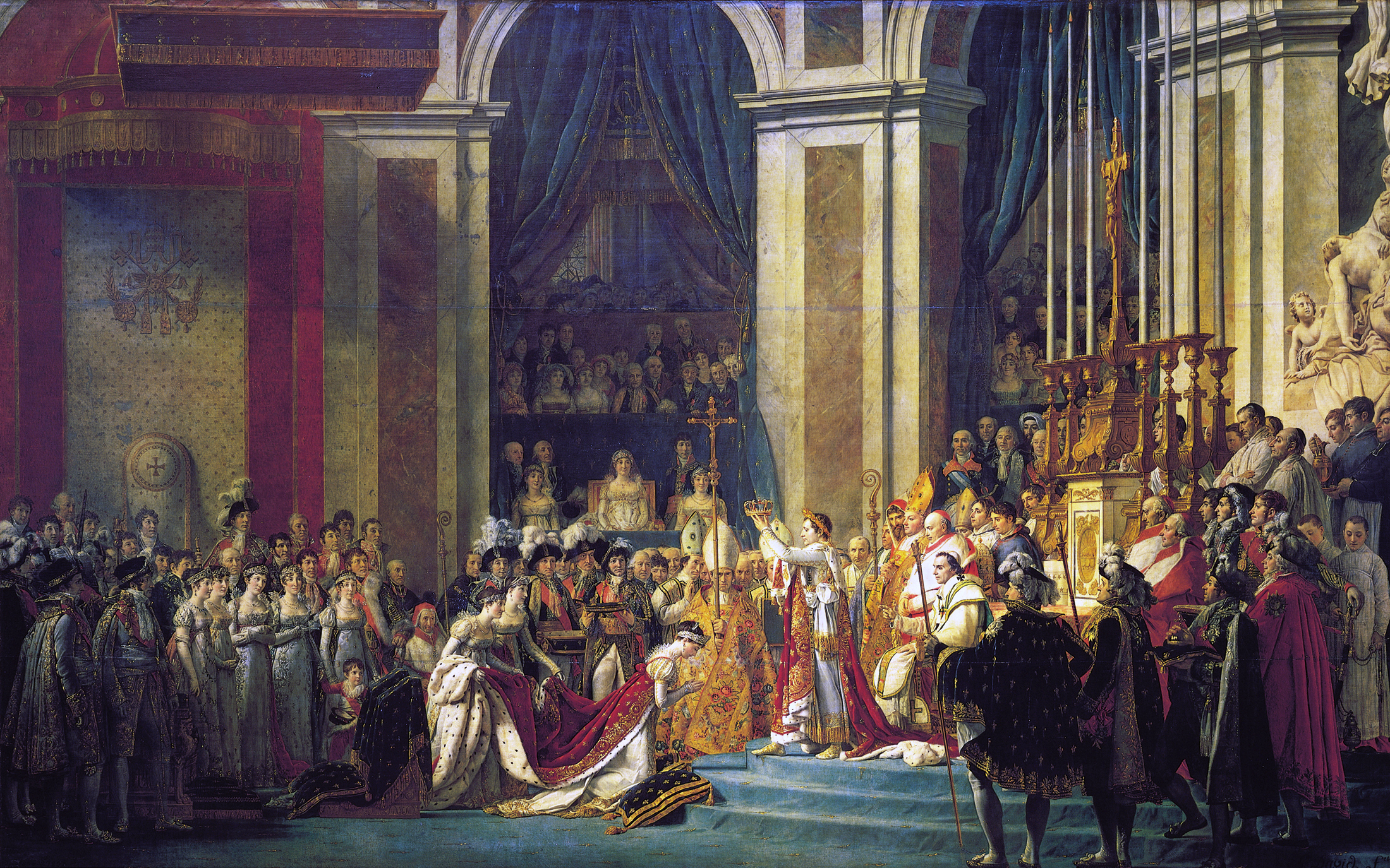 上图：法国大革命画家雅克-路易·大卫（Jacques-Louis David）1807年的油画作品《拿破仑加冕典礼 The Coronation of Napoleon》，描绘1804年12月巴黎圣母院的拿破仑加冕大典。在教宗庇护七世的旁观下，拿破仑自己将皇冠戴到头上，然后加冕妻子为皇后。1804年11月，昔日追求「自由、平等、博爱」，投票把善良的国王路易十六推上断头台的法国革命群众，又通过公民投票把法兰西共和国改为法兰西帝国，拥戴拿破仑（Napoleon）为皇帝。而昔日的革命者雅克-路易·大卫也放弃了革命信仰，摇身一变成为宫廷画师，为拿破仑皇帝画了许多著名的画像，包括《跨越阿尔卑斯山圣伯纳隘道的拿破仑 Napoleon Crossing the Alps》。法国人为了追求自由、民主、「公义」的革命，结果不过是给自己换了一个皇帝。相似的一幕此后在世界各国的政治舞台上不断重演，不住地让人反思什么才是「公义」的标准。