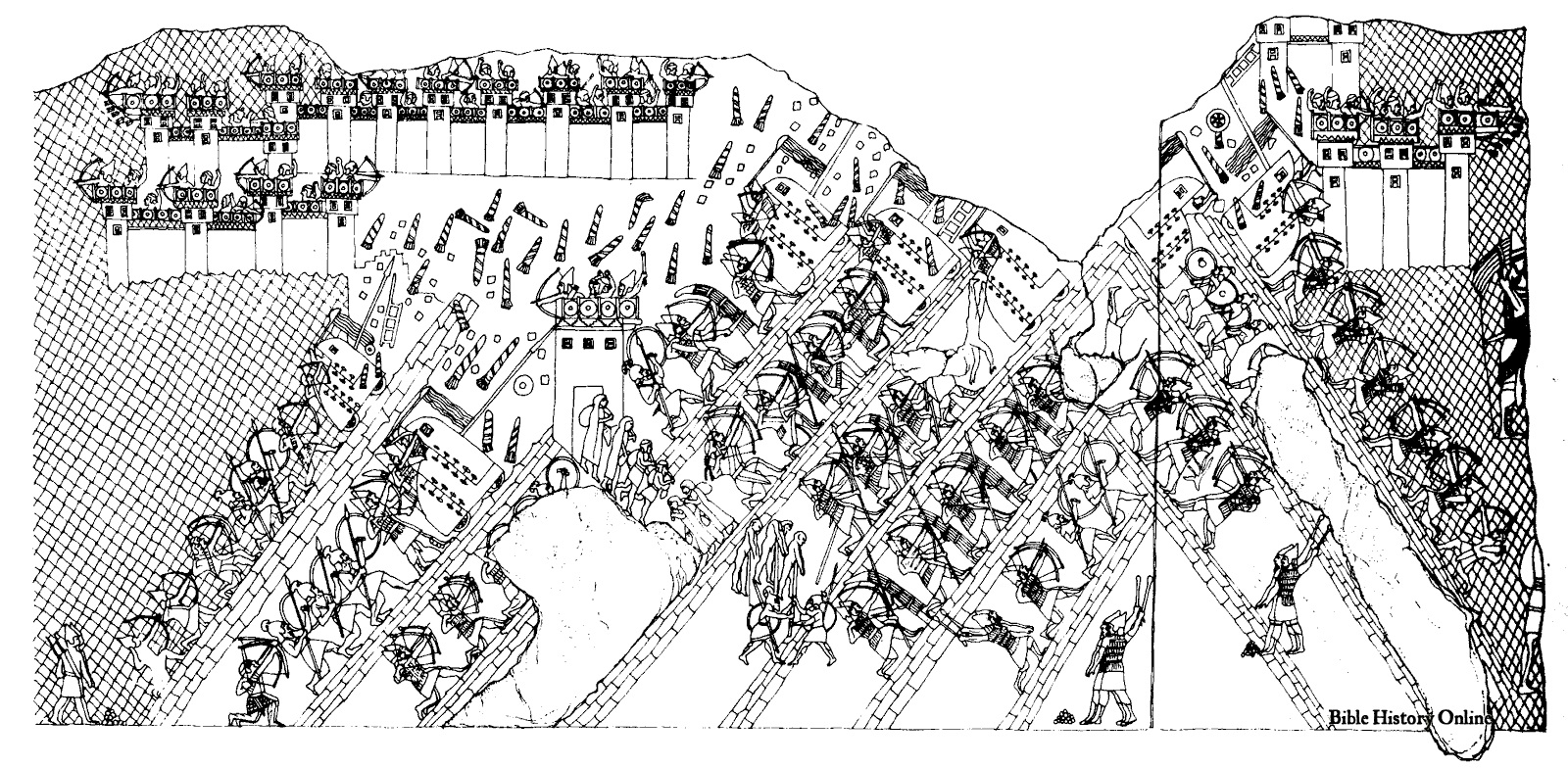 上图：拉吉之围（Siege of Lachish）浮雕上的图画，描绘了主前701年，亚述王西拿基立（Sennacherib）的军队围攻犹大要塞拉吉的惨烈战况。浮雕出土于尼尼微西拿基立的宫殿中，现藏于大英博物馆。