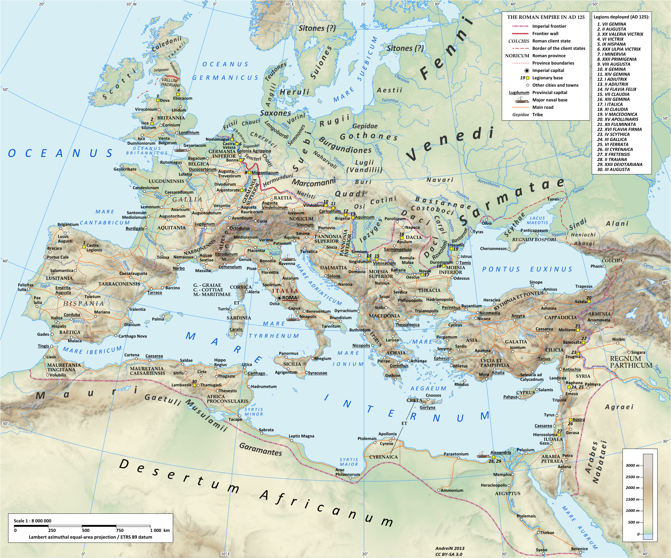 上图：罗马皇帝哈德良（主后117-138年在位）时代的主要罗马道路（拉丁语Via）。道路是罗马的重要基础建设，从主前500年开始修建，随着罗马共和国及罗马帝国版图的扩大而延伸。在罗马帝国的鼎盛时代，有超过29条大型军事公路从首都罗马向外辐射，接上113个省份的372条大道，总长超过40万公里，其中8万5百公里是铺石道路。各地的小路连上了广阔、长距离的公路，把各主要市镇和军事基地连在一起，为军队、官员及平民带来了便捷的交通，促进了贸易，更为福音的广传铺平了道路。