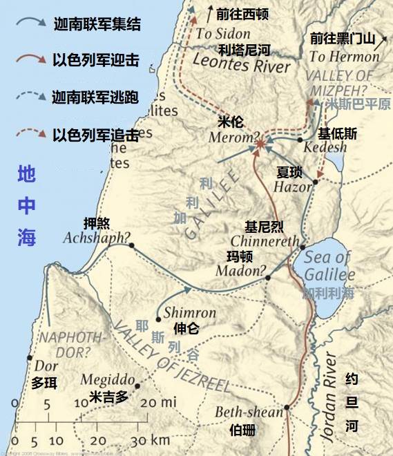上图：米伦水之战的地形和路线图。