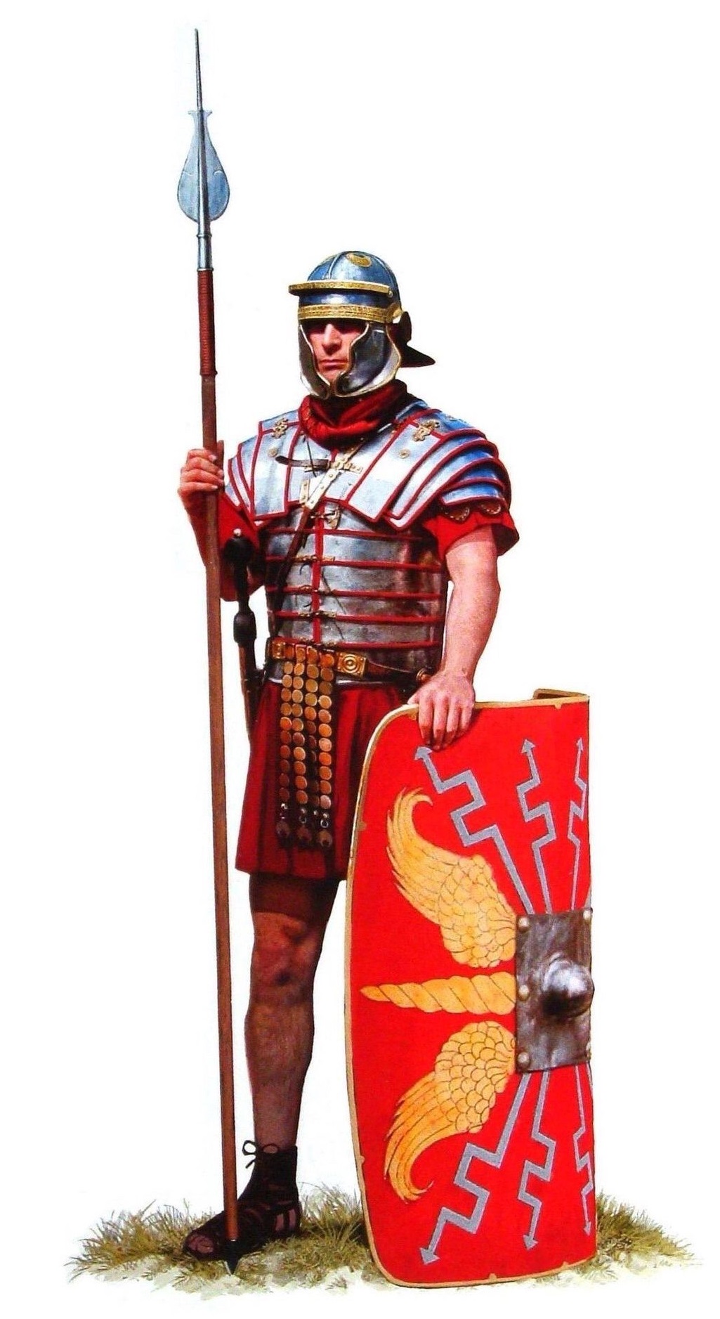 上图：第二世纪早期的罗马士兵。古罗马最初采用征兵制，士兵需要自行购置武器装备。主前1世纪，盖乌斯·马略进行了军事改革，以募兵制代替征兵制。无财产者也可以应募入伍。罗马公民加入罗马军团（Roman legion）后，必须服役16年。退伍后可在被征服地区分得土地、或一次性退休金。退伍士兵有时能集体参与新的殖民都市建设，在工程期间领取工资、完成后拥有私人地产。此类殖民都市（如腓立比）经常成为大量退役士兵及其妻小的聚居地，在一定程度上促进了罗马士兵的世袭化。辅助军团的士兵通常由未获得罗马公民权的行省住民组成，退役后将得到罗马公民权。