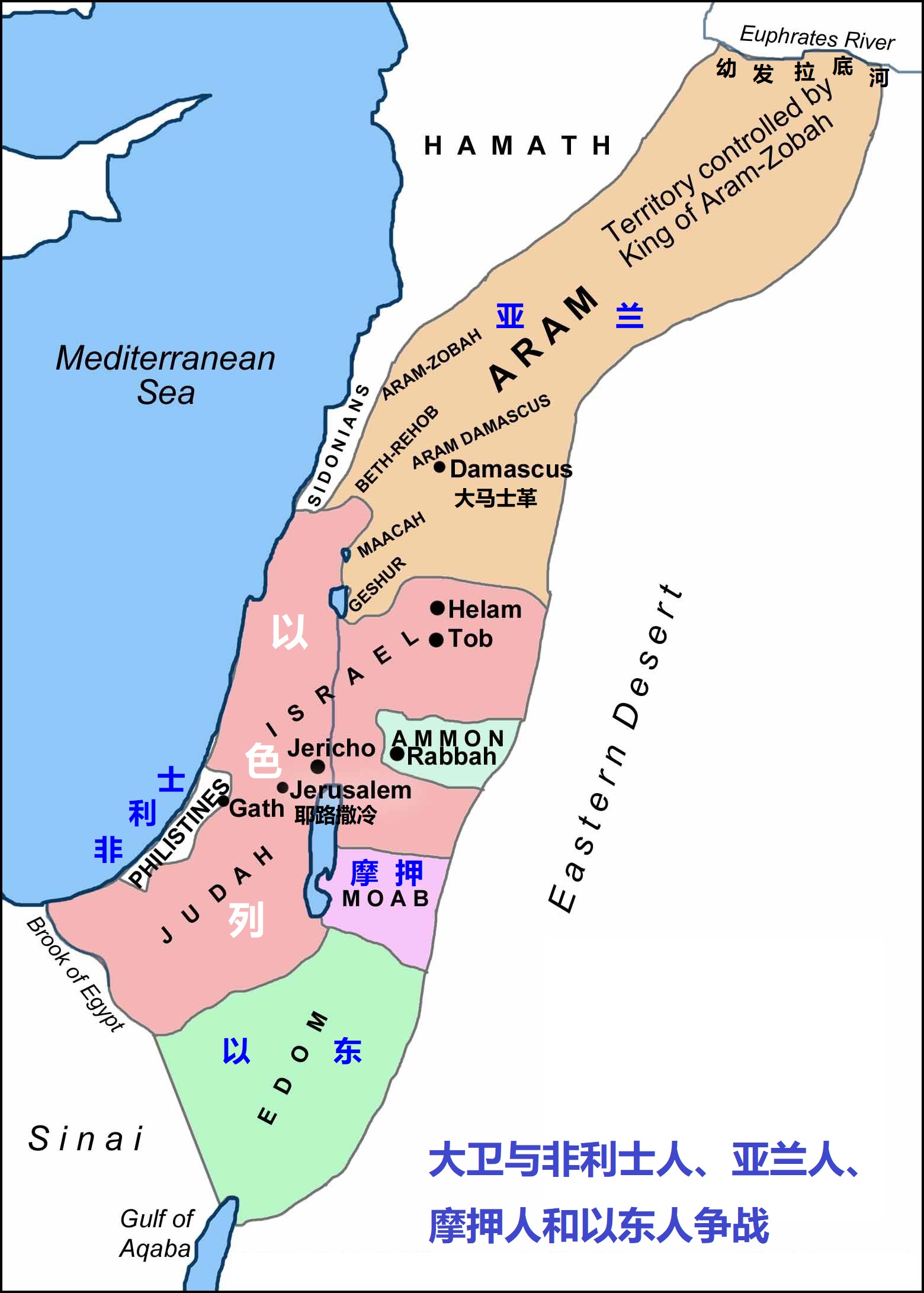 上图：大卫与非利士人、亚兰人、摩押人和以东人的争战图。
