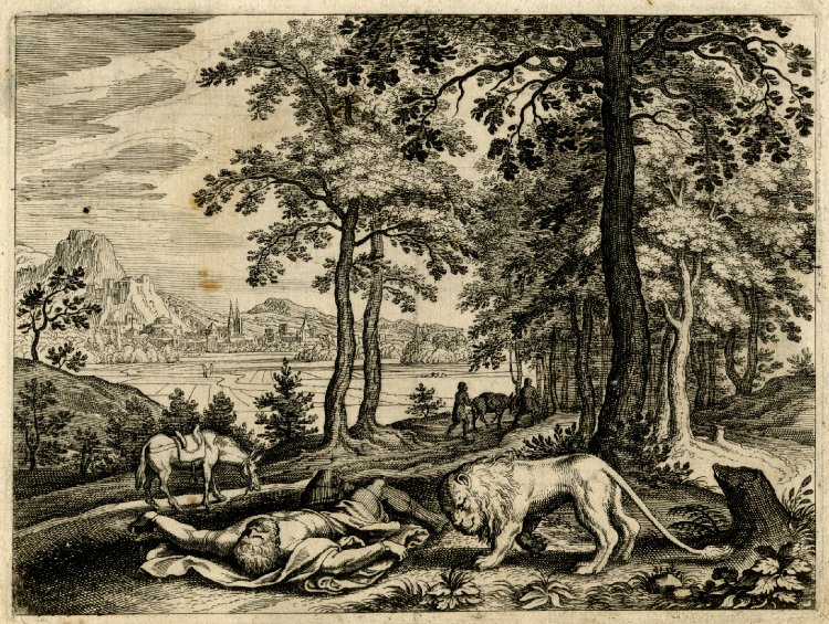 上图：17世纪法兰克福出版的圣经绘画：狮子咬死了不顺服的神人。
