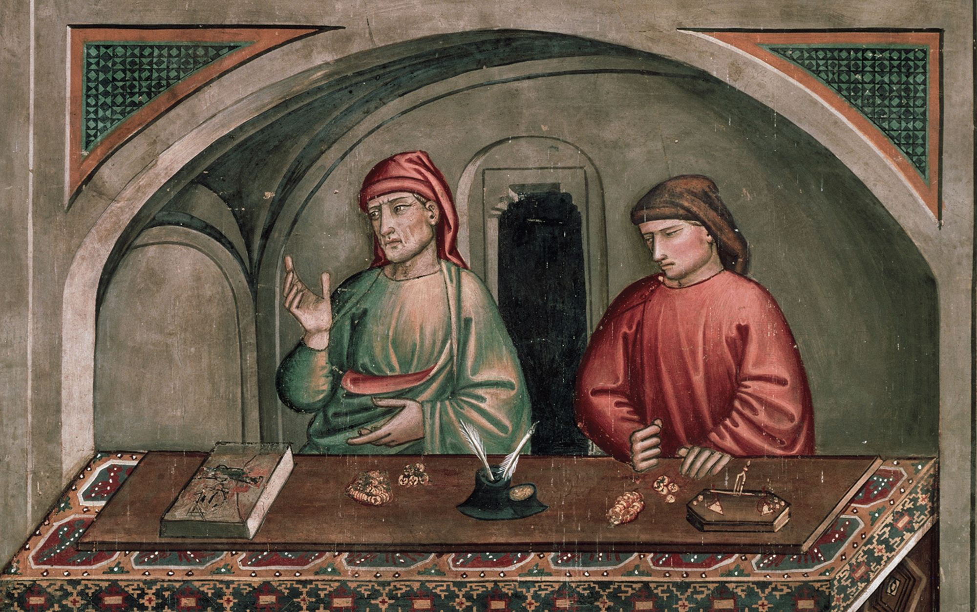 上图：意大利画家尼科洛·佩德罗·吉利尼（Niccolo' di Pietro Gerini）于1390-1399年在意大利普拉托的圣弗朗西斯科教堂（Church of San Francesco, Prato）创作的《圣马太的生活场景 Calling of St Matthew the Evangelist, scenes from the Life of St Matthew》。使徒马太在中世纪被当作银行家和会计师的守护圣人。
