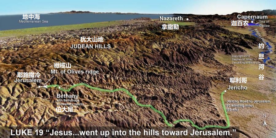 上图：主耶稣从耶利哥走到耶路撒冷的路线（路十九1-41），这是当时大部分前往耶路撒冷守节的以色列人所走的上行山路。