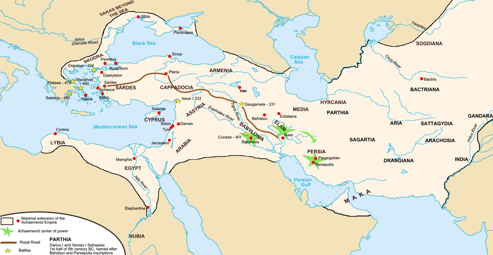 上图：波斯帝国的御道（Royal Road）是一条古代大道，从首都书珊城一直到撒狄，最初可能由亚述修建，波斯大流士一世改进，一直沿用到罗马时代。在御道上，波斯信差可以在7天内走2700公里。古希腊史学家希罗多德说：「这个世界上再没有什么东西比这些波斯信差还要走得快了。」希罗多德赞扬这些信使的话：「不管雨或雪、炎热或黑夜，都不能使这些传讯者停止完成他们的使命/Neither snow nor rain nor heat nor gloom of night stays these couriers from the swift completion of their appointed rounds」，现在已经成为了激励邮递员们的警句。 结合希罗多德的著作、考古研究和其他的历史文献，波斯御道的路线是从撒狄的西边出发，向东穿过土耳其的中北部，直到尼尼微，再折向南方到达巴比伦，然而分成两条路线：第一条向东北经过亚马他（Ecbatana）而连上丝绸之路，另一条往东南经书珊（Susa）到达波斯波利斯（Persepolis）。