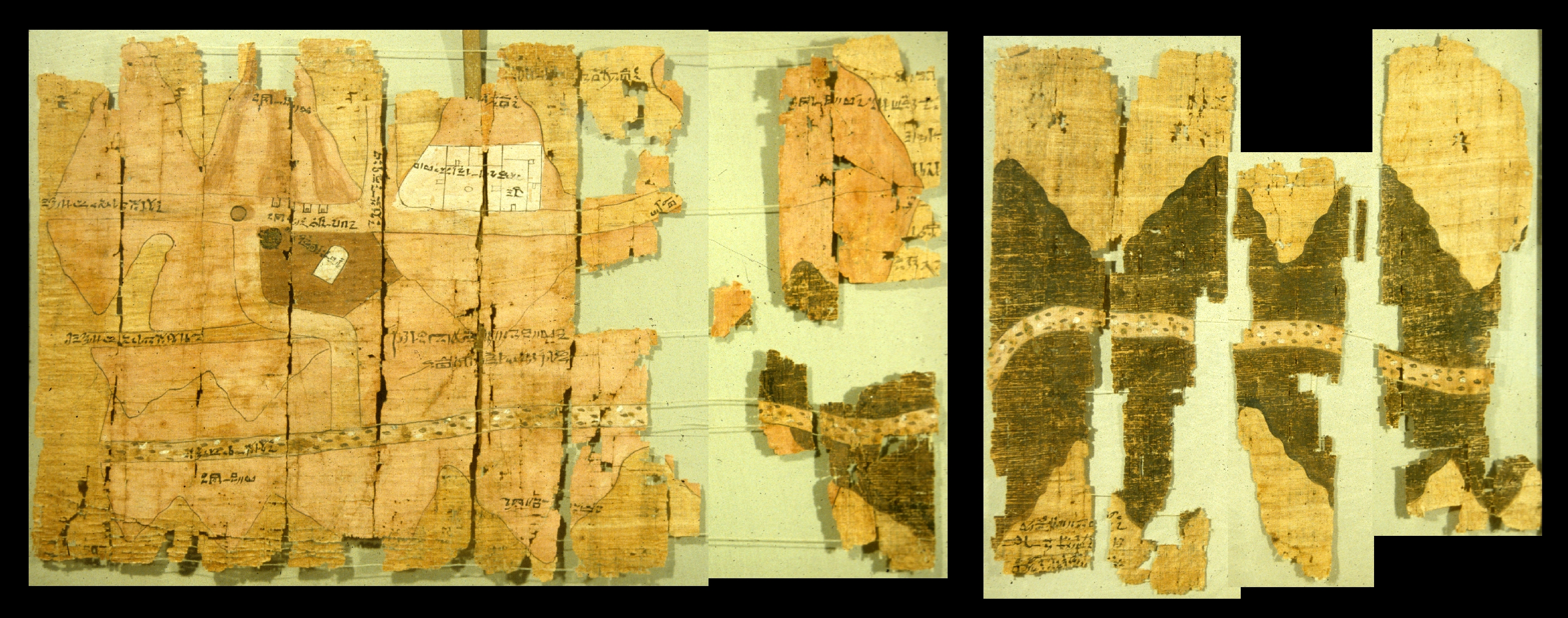 上图：主前1150年左右的古埃及都灵莎草纸采矿地图（Turin Papyrus Map），描绘了东部沙漠哈马马特旱溪（Wadi Hammamat）的矿场位置和地形，被认为是最古老的地图。