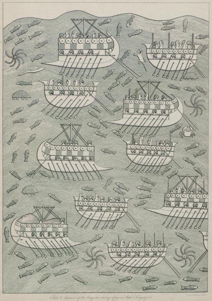 上图：出土于尼尼微的浮雕，描绘主前701年亚述王西拿基立围攻推罗，推罗王（Luli）被迫撤离推罗，逃往塞浦路斯的基提。由海德堡大学扫描。图中可见「荡桨的」（结二十七8、26、29）水手。早期的腓尼基船只有五十个荡桨的人，速度很快。后期的商船更长，每艘船可以容纳多达二百名水手，每侧均有两三排荡桨台。