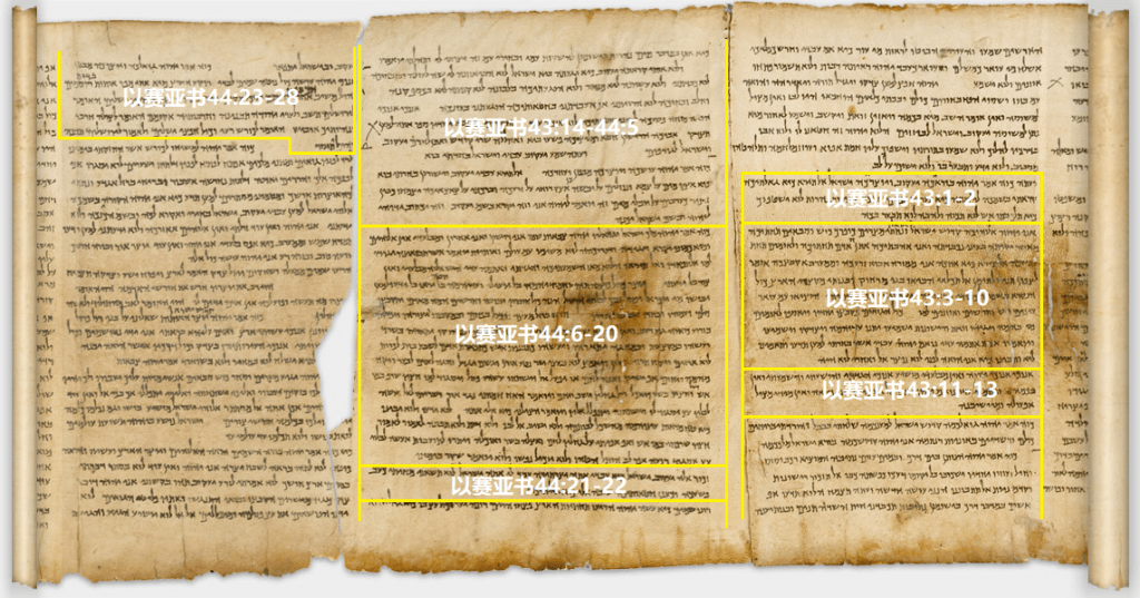 上图：出土于昆兰一号洞的主前1世纪《以赛亚书》羊皮卷（The Great Isaiah Scroll，1QIsaa），图中显示43-44章的分段方法。