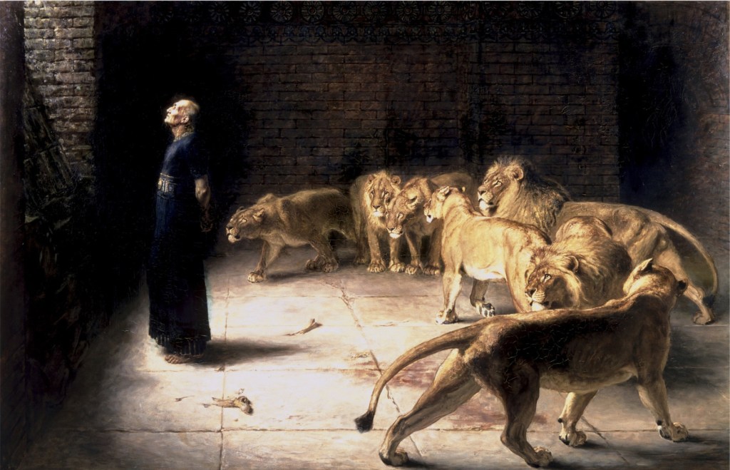 上图：油画《但以理回答王 Daniel's Answer to the King），英国画家布里顿·里维尔（ Briton Riviere）1890年创作。