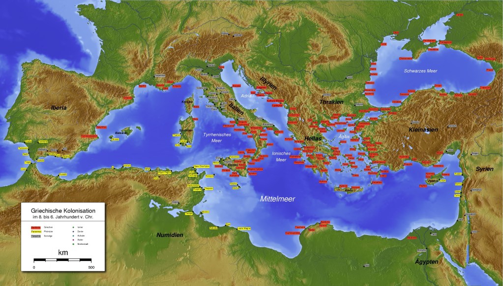 上图：主前8-6世纪的腓尼基和希腊殖民地遍布地中海沿岸。黄色是腓尼基城邦，红色是希腊城邦。