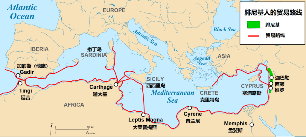 上图：主前1200-800年的主要腓尼基贸易路线，覆盖了整个地中海地区。